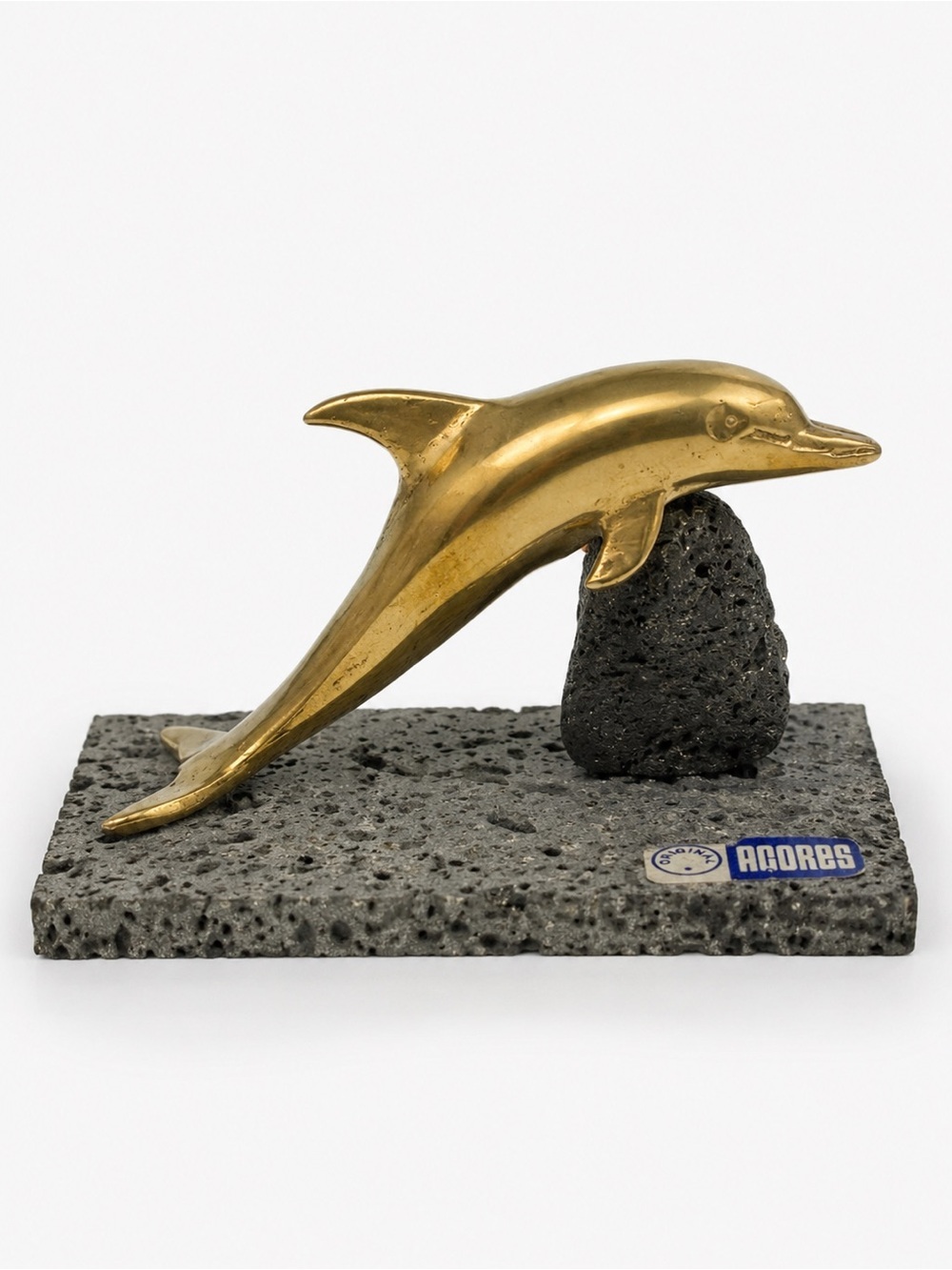 Vintage Azores Brass Dolphin Sculpture on Lava Stone Base Paperweight Decor